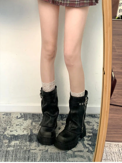 Biker Boots – Fashion Belt Buckle Ladies Elegant Platform Flats, Short Booties Casual Women’s Knight Booties, Winter Boots for Women