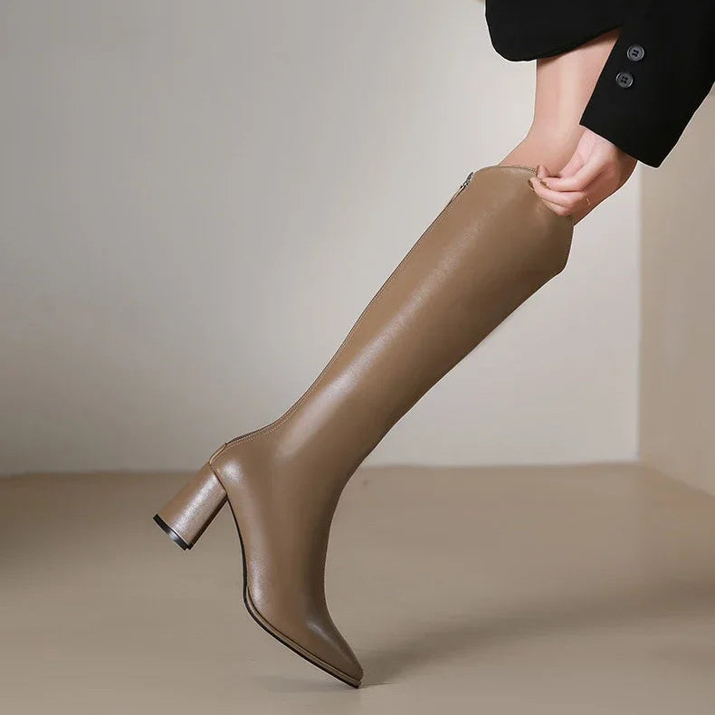 Zipper Boots with Thick High Heels – Simple Design, Knee High, Autumn & Winter Boots