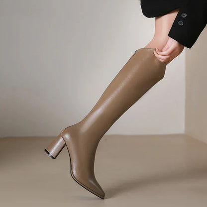 Zipper Boots with Thick High Heels – Simple Design, Knee High, Autumn & Winter Boots