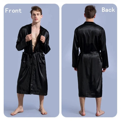 Men's Satin Kimono Robe – V Neck, Long Bathrobe, Sleepwear, Christmas & Wedding Party Loungewear Gown