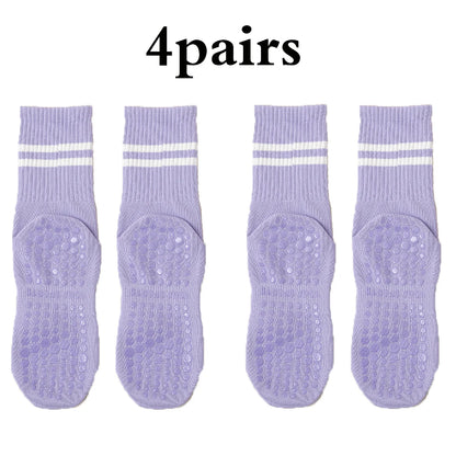 4 Pairs Medium length Socks, Pure Cotton Anti Slip Silicone Indoor Fitness Pilates