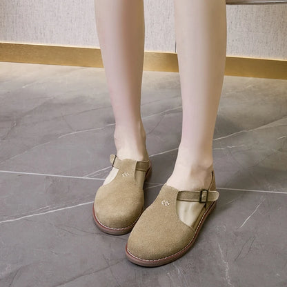 Flat-Soled Retro Frosted Genuine Leather Women's Sandals - New Hollow Roman Baotou Sandals for Women
