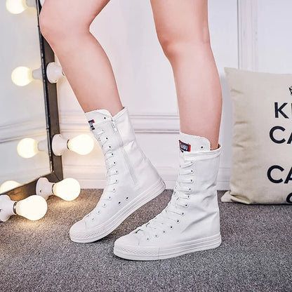 Women's Canvas Long Boots – High-Top, Lace-Up Knee-High Flats, Casual Vulcanized Sneakers