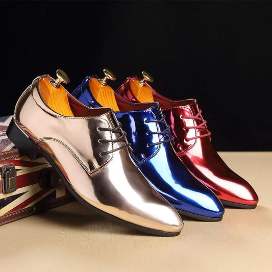 Fashion Trend Patent Leather Men Wedding Shoes – Gold, Blue, Red, White Oxfords, Designer Pointed Toe Dress Shoes, Big Size