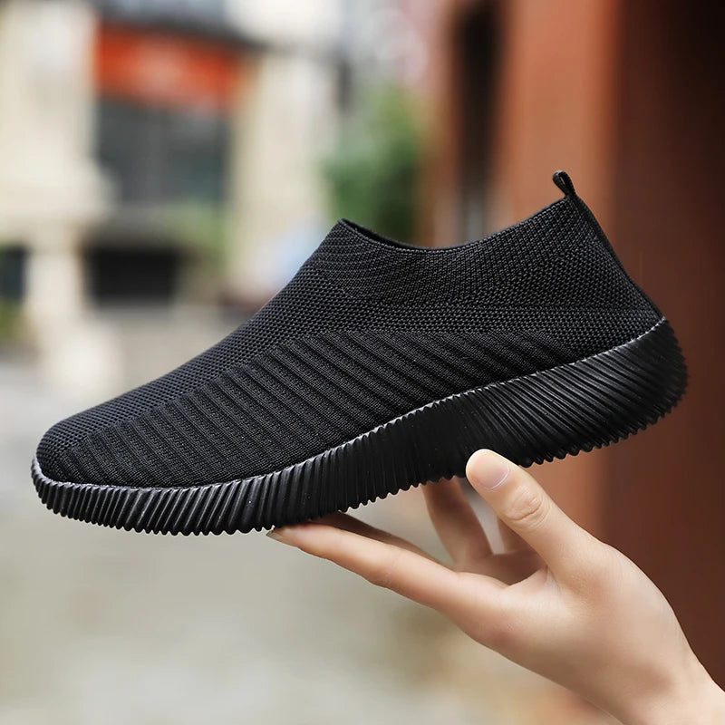 Solid Color Mesh Sneakers – Flying Woven Walking Fashion Slip-on Flat Shoes for Sports, Running, and Tennis