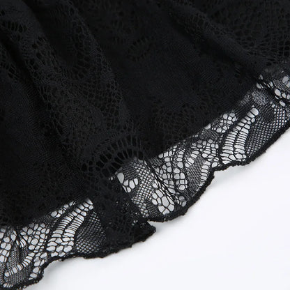 Goth Y2K Black Mini Skirt – Lace Trim, Bow Detail, A-Line, Korean Streetwear