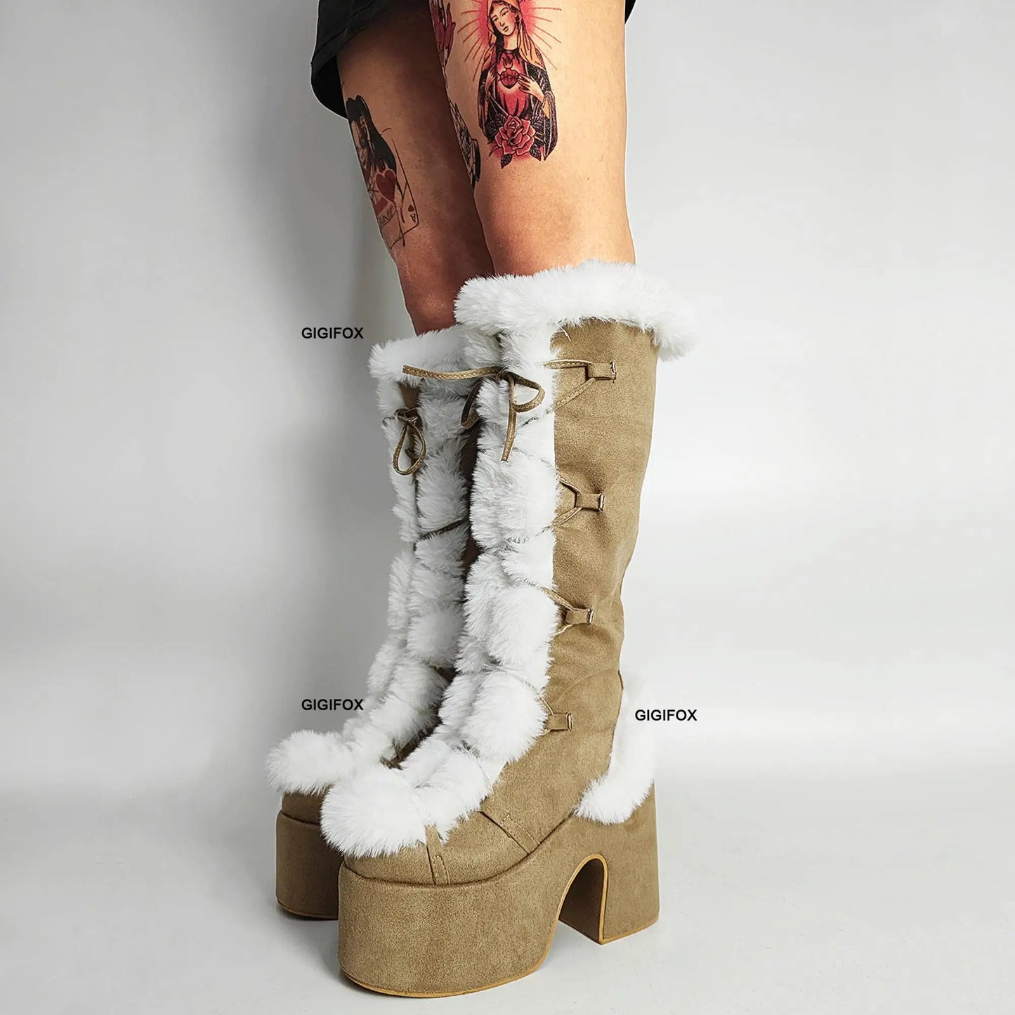 Platform Furry Boots Chunky High Heeled Winter Autumn Knee High Boots Women Faux Fur Zip Gothic Style Punk