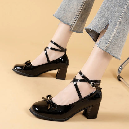 Black Retro Cross-Tie Pumps Casual Summer Round Toe Shoes Ladies Sweet Fashion Shoes Woman Bow Design