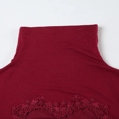 Red Skinny Bodysuit – Heart-Shaped Hollow Out, Sheer Patchwork, Full Sleeve, Vintage Chic Outfit