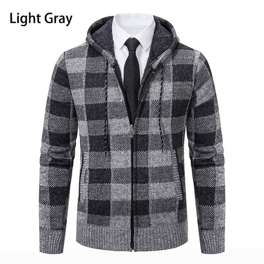 Men's Cardigan – Fashion Plus Velvet Padded Knit Jumpers, Male Sweater, Hooded Plaid Korean Luxury Brand Coat