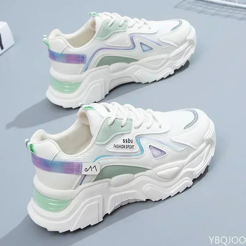 Platform Flat Shoes – Women's Green Casual Trainers, Ladies Chunky Sneakers, Women’s Sneakers