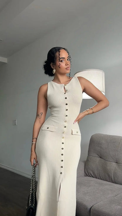 Knit Ribbed Cardigan Maxi Dress – High Waist, Slim Fit, Pocket Design, Sleeveless, Elegant, Party Dress, Women's Knitwear, Long Dress
