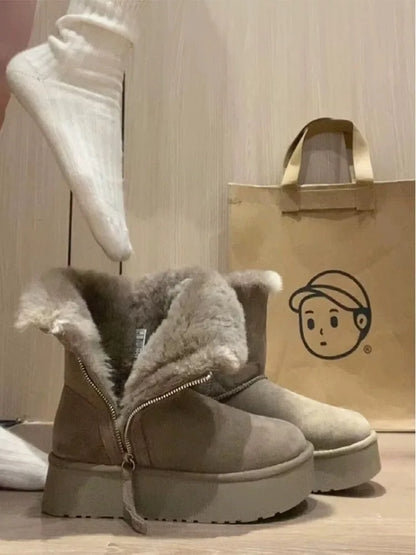Thick Cotton Boots with Added Fleece – New Warm Fur Integrated Short Tube Thick Sole Snow Boots, Women's Side Zipper