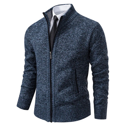 Jersey Men's Casual Sports Coat – Solid Color Stand Collar Sweater, Fleece-Lined, Warm Zipper Cardigan