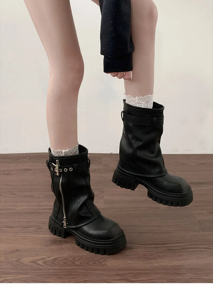 Biker Boots – Fashion Belt Buckle Ladies Elegant Platform Flats, Short Booties Casual Women’s Knight Booties, Winter Boots for Women