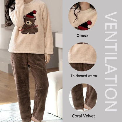 Thickened Warm Large Size Padded Fall and Winter Women's Pajamas – Top and Pants Set, Coral Velvet with Cartoon Bear, 2PCS/Set
