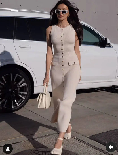 Knit Ribbed Cardigan Maxi Dress – High Waist, Slim Fit, Pocket Design, Sleeveless, Elegant, Party Dress, Women's Knitwear, Long Dress