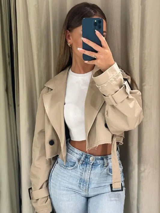 Belted Cropped Trench Jacket – Vintage Double-Breasted Spring Coat, Long Sleeve Streetwear