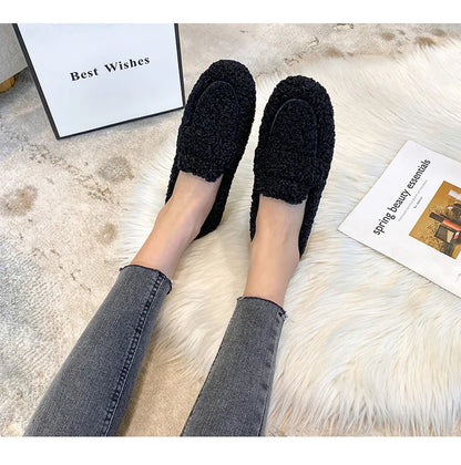 Warm Outdoor Shoes Plush Design British Style White Snow Boots Ladies' Casual Flats New Women's Winter