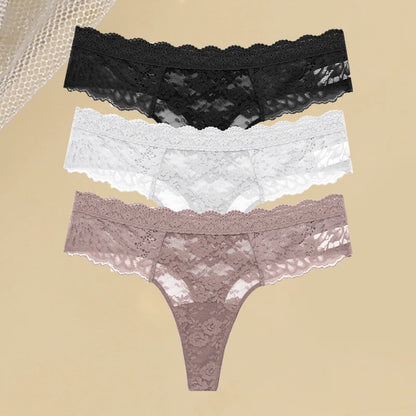 3PCS Lace Hollow Out Thong Panties – Sexy Floral Print, Solid Color, Low Waist, Breathable G-String Lingerie