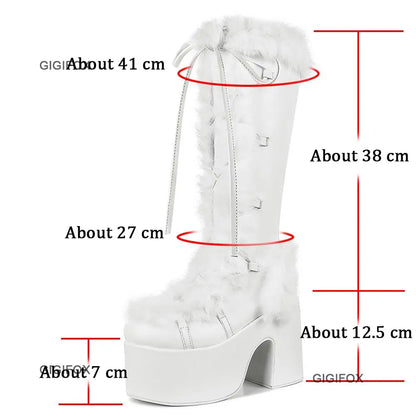 Platform Furry Boots Chunky High Heeled Winter Autumn Knee High Boots Women Faux Fur Zip Gothic Style Punk