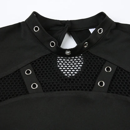 Goth Mesh Patchwork Crop Top – Sexy Hollow-Out, Long Sleeve, Eyelet Detail, Punk Style, Slim Fit Streetwear Tee