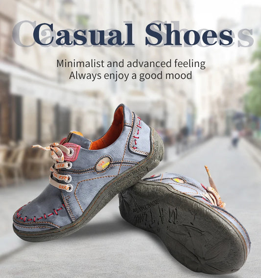 Hand-Stitched Leather Sneakers – Lightweight Flat Design Shoes for Women