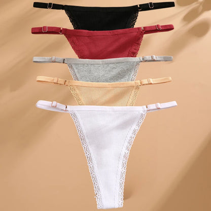 5PCS Sexy G-String Panties – Cotton, Adjustable Waist, Women's Bikini Thongs Lingerie