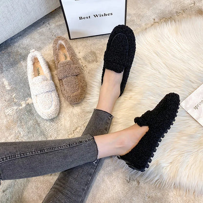 Warm Outdoor Shoes Plush Design British Style White Snow Boots Ladies' Casual Flats New Women's Winter