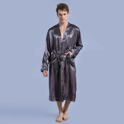 Men's Satin Kimono Robe – V Neck, Long Bathrobe, Sleepwear, Christmas & Wedding Party Loungewear Gown