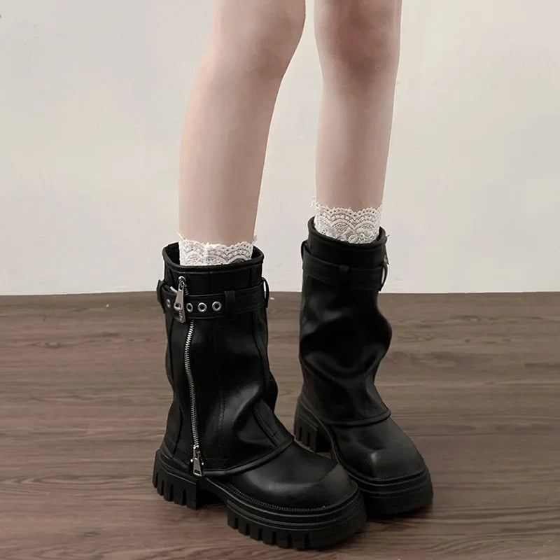 Biker Boots – Fashion Belt Buckle Ladies Elegant Platform Flats, Short Booties Casual Women’s Knight Booties, Winter Boots for Women