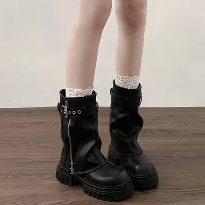 Biker Boots – Fashion Belt Buckle Ladies Elegant Platform Flats, Short Booties Casual Women’s Knight Booties, Winter Boots for Women