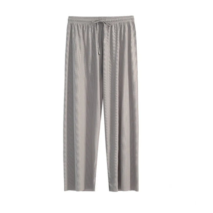 Women Ankle-Length Wide Leg Pants – Casual, Summer, Solid Color, Elastic Waist, Loose Fit, Ice Silk, Spring/Summer