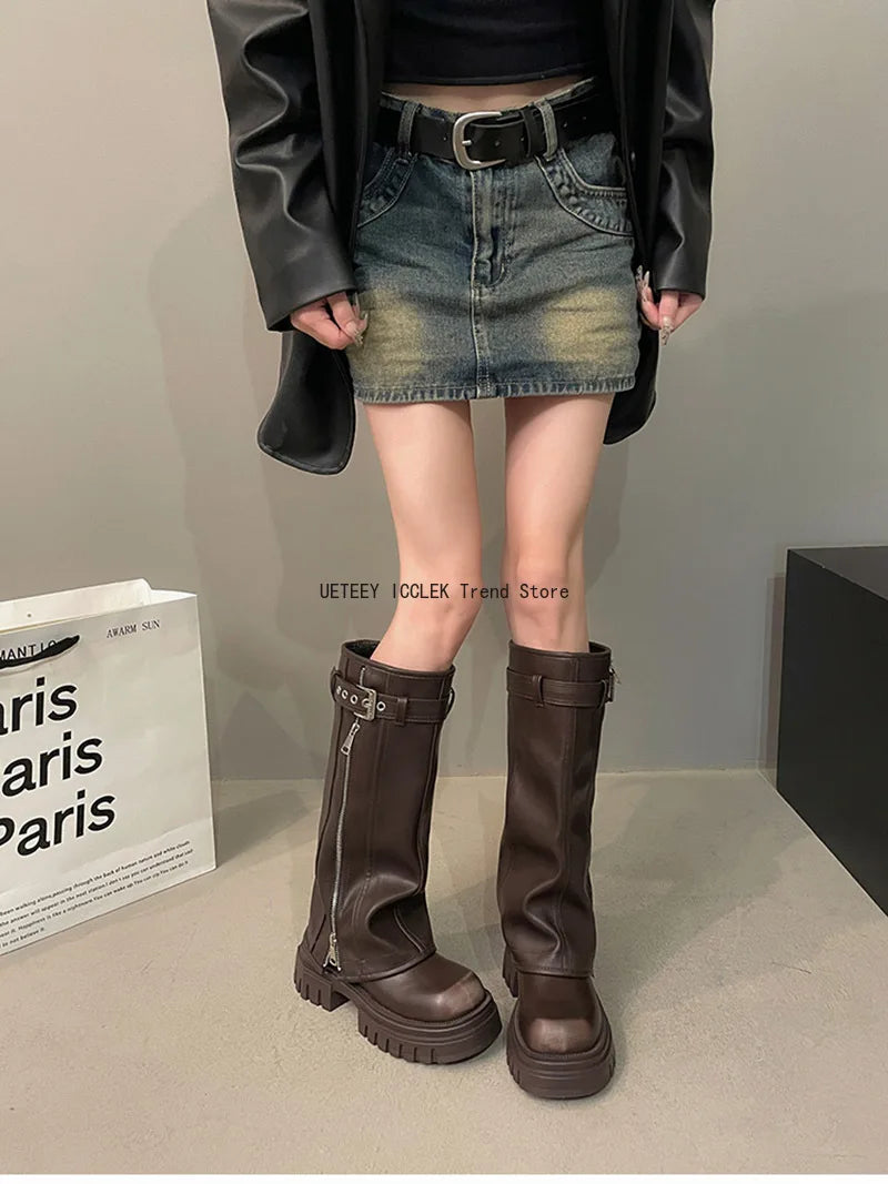 Boots Fashion Belt Buckle Ladies Elegant Platform Long Pipe Booties Casual Women's Knee High Booties