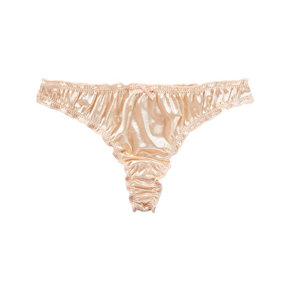 Ladies Frill Trim Satin Panties – 100% Ice Silk, Seamless, No Show, Invisible Briefs, Tanga Style