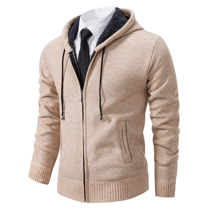 Jersey Men's Casual Sports Coat – Solid Color Stand Collar Sweater, Fleece-Lined, Warm Zipper Cardigan