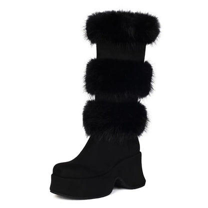 Platform Furry Boots Chunky High Heeled Winter Autumn Knee High Boots Women Faux Fur Zip Gothic Style Punk