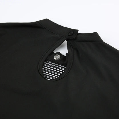 Goth Mesh Patchwork Crop Top – Sexy Hollow-Out, Long Sleeve, Eyelet Detail, Punk Style, Slim Fit Streetwear Tee