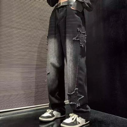 Stars Patchwork Men Jeans – New Fashion Y2K, Tassel Design, Korea Style, Straight Fit, Hip Hop Splicing Trousers, Male Streetwear