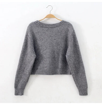 V-Neck Cropped Cardigan – Twist Knitted, Long Sleeve, Warm Autumn Winter Korean Jacket