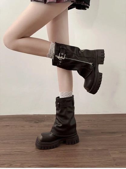 Biker Boots – Fashion Belt Buckle Ladies Elegant Platform Flats, Short Booties Casual Women’s Knight Booties, Winter Boots for Women
