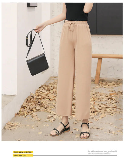 Women Ankle-Length Wide Leg Pants – Casual, Summer, Solid Color, Elastic Waist, Loose Fit, Ice Silk, Spring/Summer