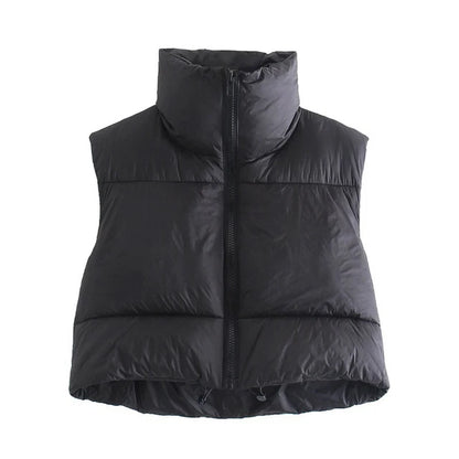 Women's Short Quilted Down Vest – Warm Stand-Up Collar, Sleeveless Cotton Jacket for Autumn & Winter