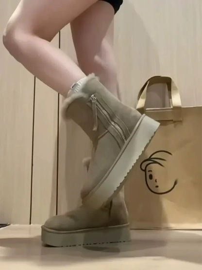 Thick Cotton Boots with Added Fleece – New Warm Fur Integrated Short Tube Thick Sole Snow Boots, Women's Side Zipper