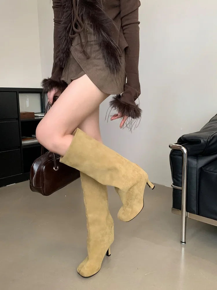 Street Style Round Toe Knee-High Women Boots – Punk Thin High Heels, Female Long Booties for Winter