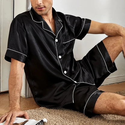 Men's Summer Pajamas Set – Short Sleeve, Button-Down Shirt with Pocket, Matching Shorts, Comfortable Loungewear Sleepwear