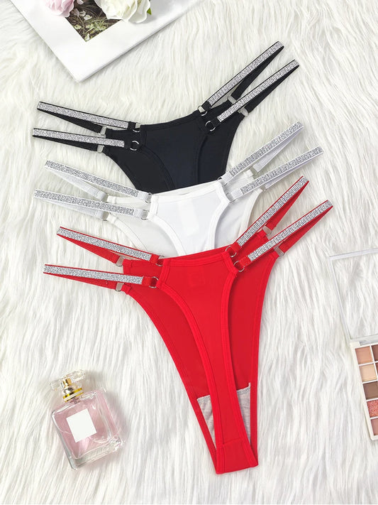 3PCS Women's Sexy Thongs – Low Rise Panties, Double Shiny Belts, Solid Color, Hollow Out, Comfortable Underwear
