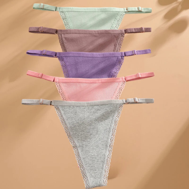 5PCS Sexy G-String Panties – Cotton, Adjustable Waist, Women's Bikini Thongs Lingerie