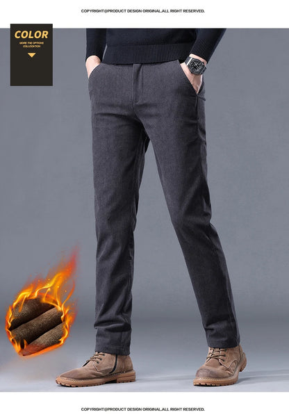 Fleece Men's Corduroy Casual Pants – Chenille Thick Stretch, Mid-Rise, Business Trousers, Winter Thermal Brand Pants