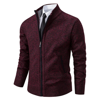 Jersey Men's Casual Sports Coat – Solid Color Stand Collar Sweater, Fleece-Lined, Warm Zipper Cardigan